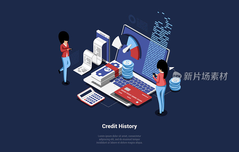 Vector Illustration Of Isometric Credit History Concept. 3D People Analysing, Calculating And Checking It. Two Female Characters With Smartphones Near Big Laptop And Different Money Related Items